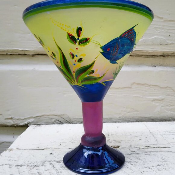 Tropical Vintage Blown Glass Martini Vase with Hand Painted Angel Fish Seascape - Picture 10 of 13